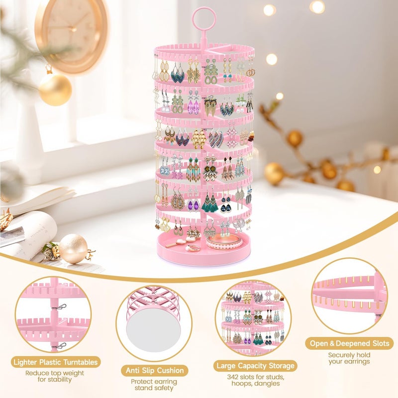 MODOWEY 6 Tier Rotating Earring Holder Organizer Display Tree with Metal Tray, Adjustable Plastic Stand with 342 Slots for Stud Hoop Hanger, Large Capacity Storage Rack for Women, Pink - Image 5